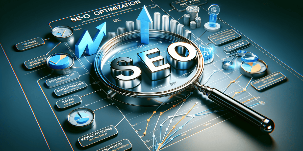 SEO optimisation concept with graphs and magnifying glass.