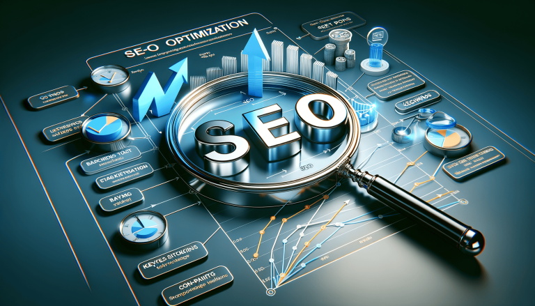 Digital SEO concept: magnifying glass, upward arrow, and analytical charts.