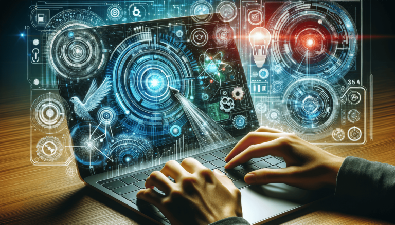Hands typing on laptop with futuristic blue holographic interface.