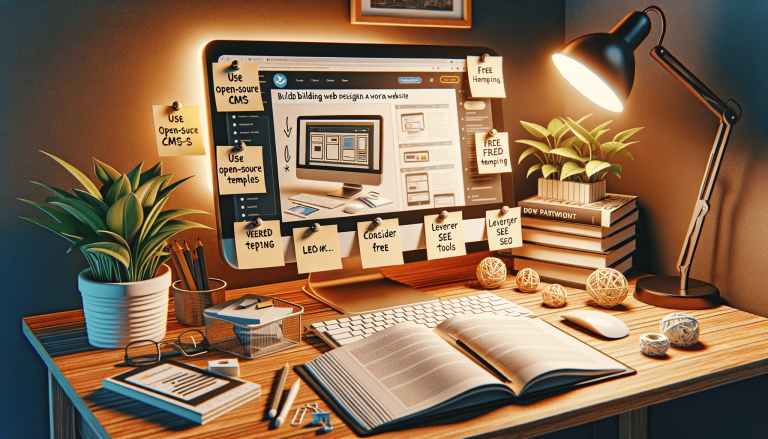 Web design desk with monitor, sticky notes, plants, and lamp.