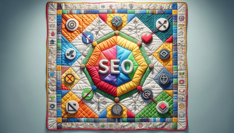 Colourful quilt with 'SEO' and various digital marketing icons.