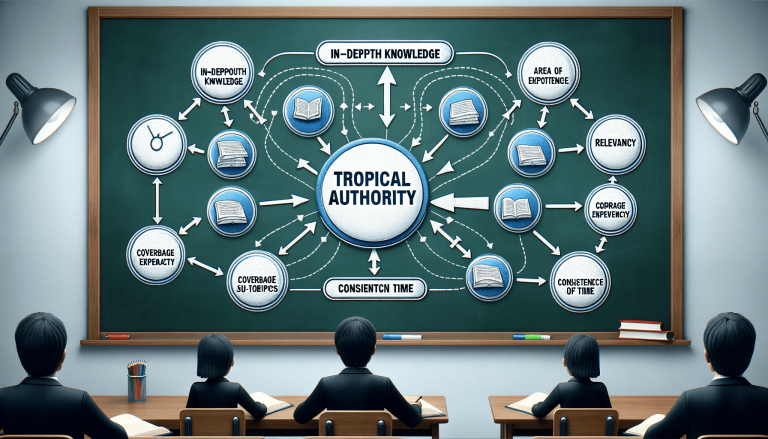 Chalkboard diagram explaining 'Tropical Authority' concept, viewed by students.
