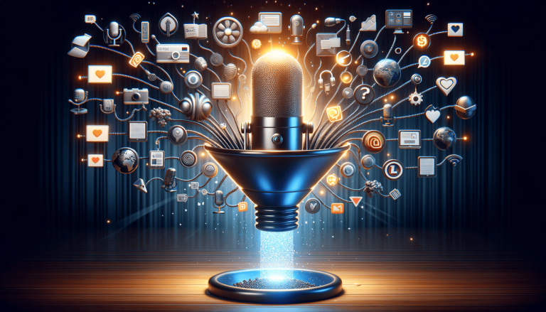 Glowing microphone connected to numerous digital and social media icons.