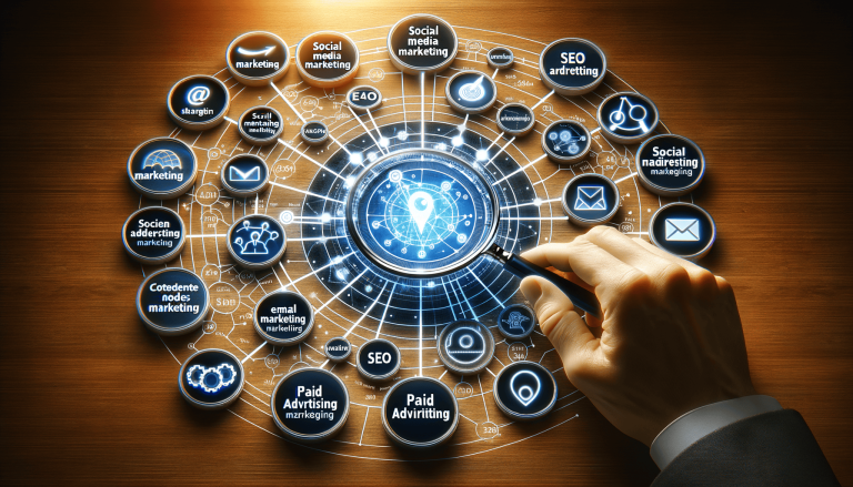 Hand analysing digital marketing strategy network with magnifying glass.