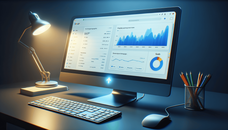 Computer monitor showing data analytics dashboard on an illuminated desk.