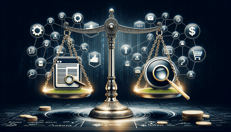 Scales of justice balancing web search, SEO, and digital services.