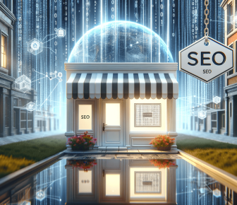 SEO shop front with digital global background.