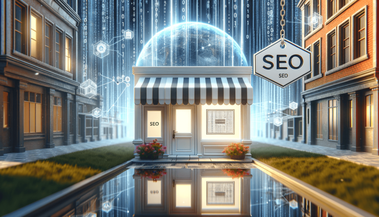 SEO shop front with digital global background.