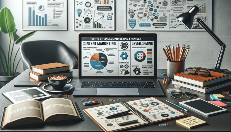Marketing strategy desk: laptop, charts, books, coffee, and office supplies.