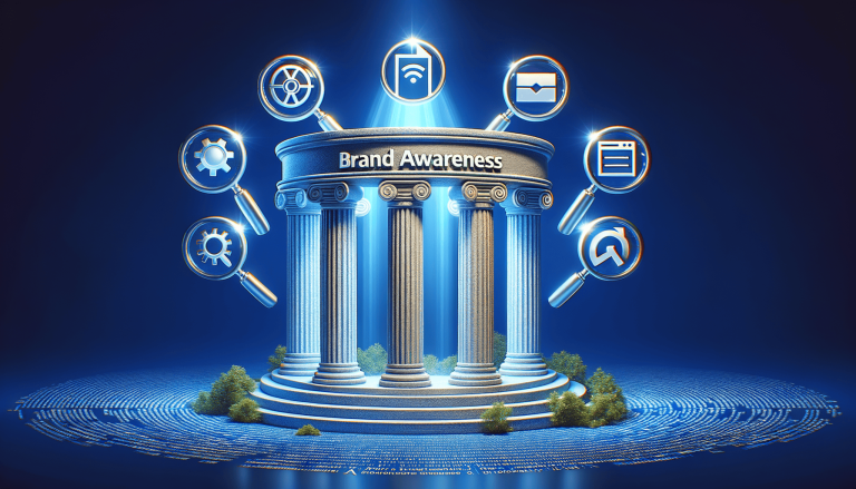 Digital concept: Brand Awareness temple with marketing magnifying glasses.