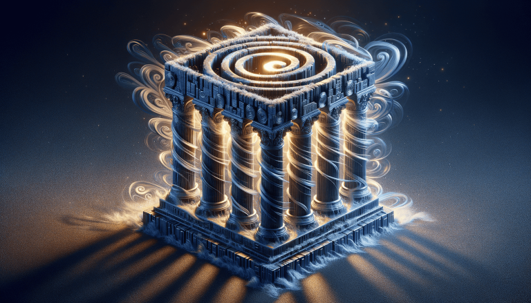 Glowing ancient temple structure with ethereal light and central spiral.