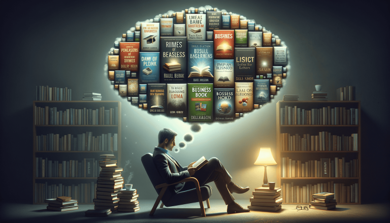 Man immersed in book, knowledge cloud forms above.