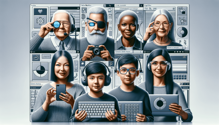 Grid of diverse people interacting with retro-style tech interfaces.