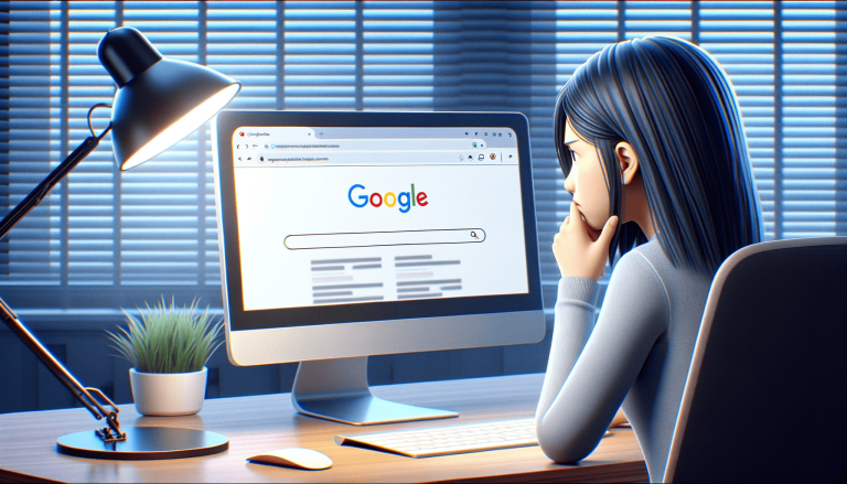Cartoon woman thoughtfully looking at Google search page on computer.