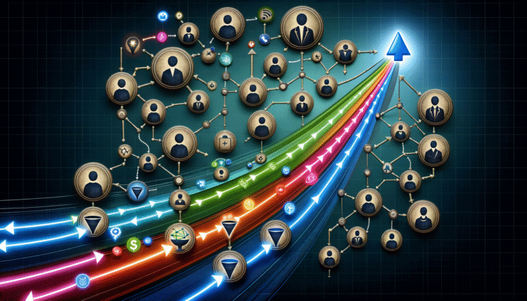 Complex business network and data streams driving upward growth.
