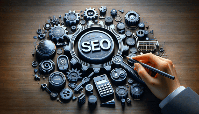 SEO gear mechanism with digital marketing icons and hand.