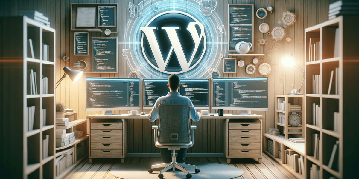 Rear view of developer coding WordPress on multiple screens.