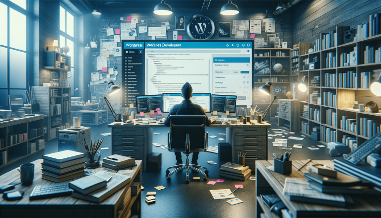 Developer coding WordPress on multiple screens in a busy office.