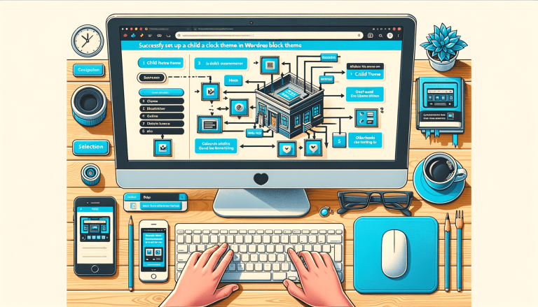 Hands typing at desk, computer shows WordPress child theme setup.