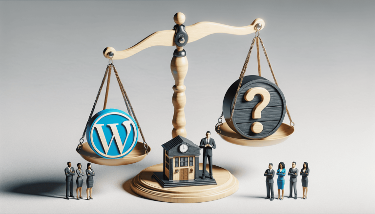 WordPress logo outweighs question mark on scales, representing a business choice.