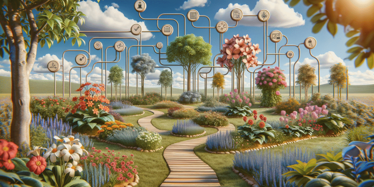 Vibrant garden with digital network of icons floating in sky.