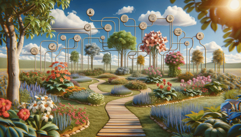 Vibrant garden with digital network of icons floating in sky.