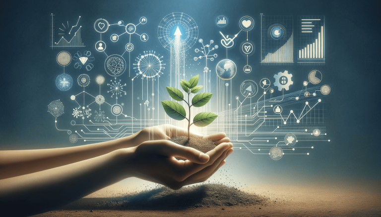 Hands nurturing plant, surrounded by digital growth and data network.