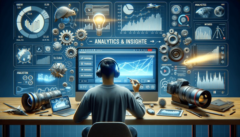 Person using computer for data analytics, surrounded by charts.