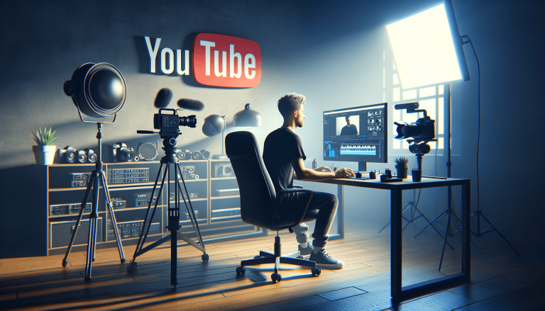 Man editing YouTube video in home studio with production equipment.