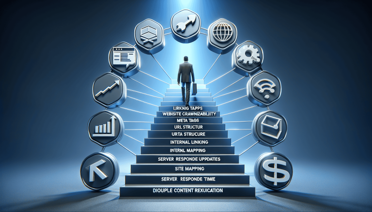 Man ascending SEO steps surrounded by digital marketing icons.