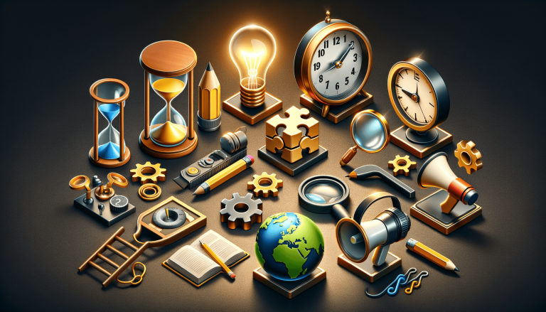 Gold 3D icons: business, strategy, time, knowledge, innovation.