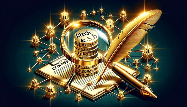 Golden magnifying glass, quill, document, and blockchain network.