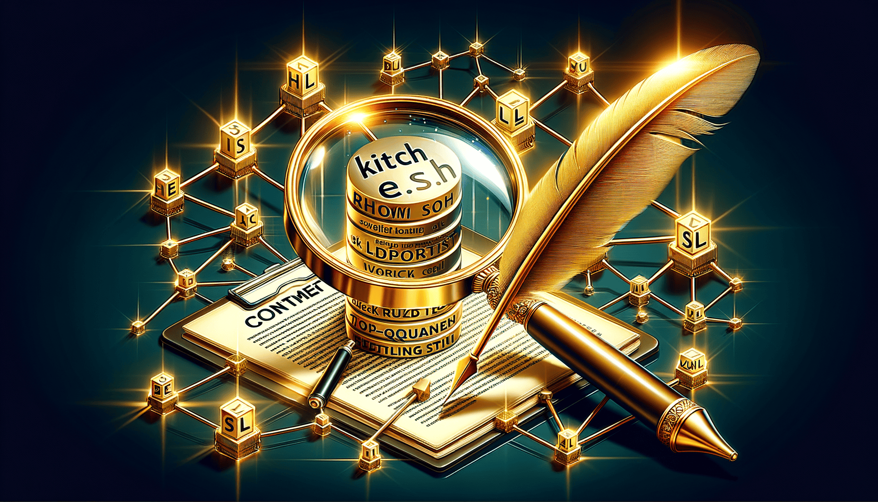 Magnifying glass, paper, gold quill, and block chain cubes