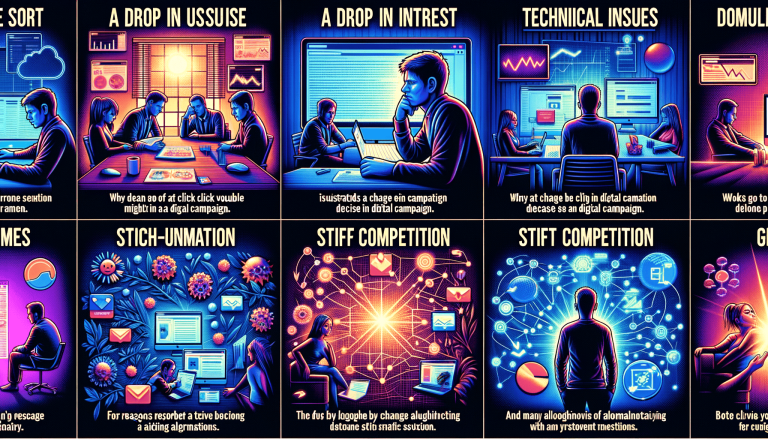 Grid of neon illustrations depicting digital marketing and technology concepts.