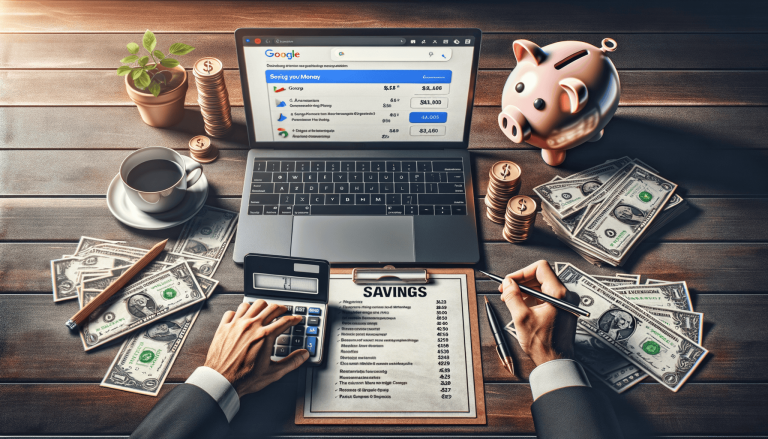 Desk with hands budgeting, laptop, money, calculator, piggy bank.