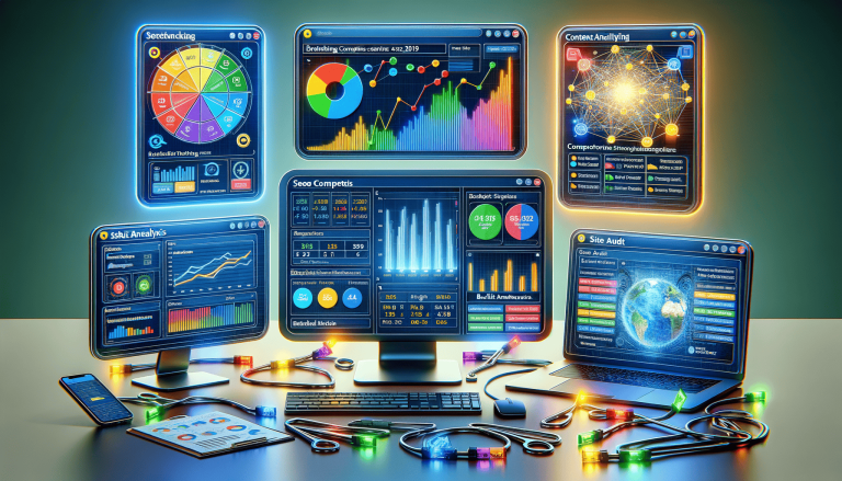High-tech digital marketing and data analysis workspace with glowing tools.