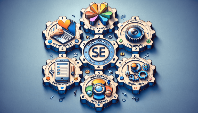 Interconnected gears diagram representing Search Engine Optimisation (SEO) strategies.
