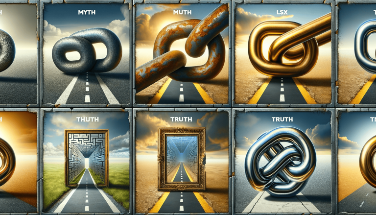 Conceptual cards showing roads with metallic links, knots, and maze paths.
