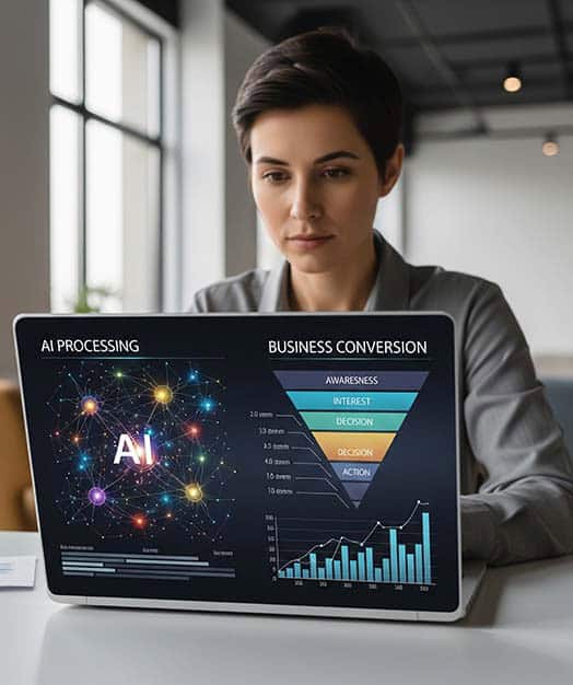 ai conversions Woman analysing AI processing and business conversion data on laptop.