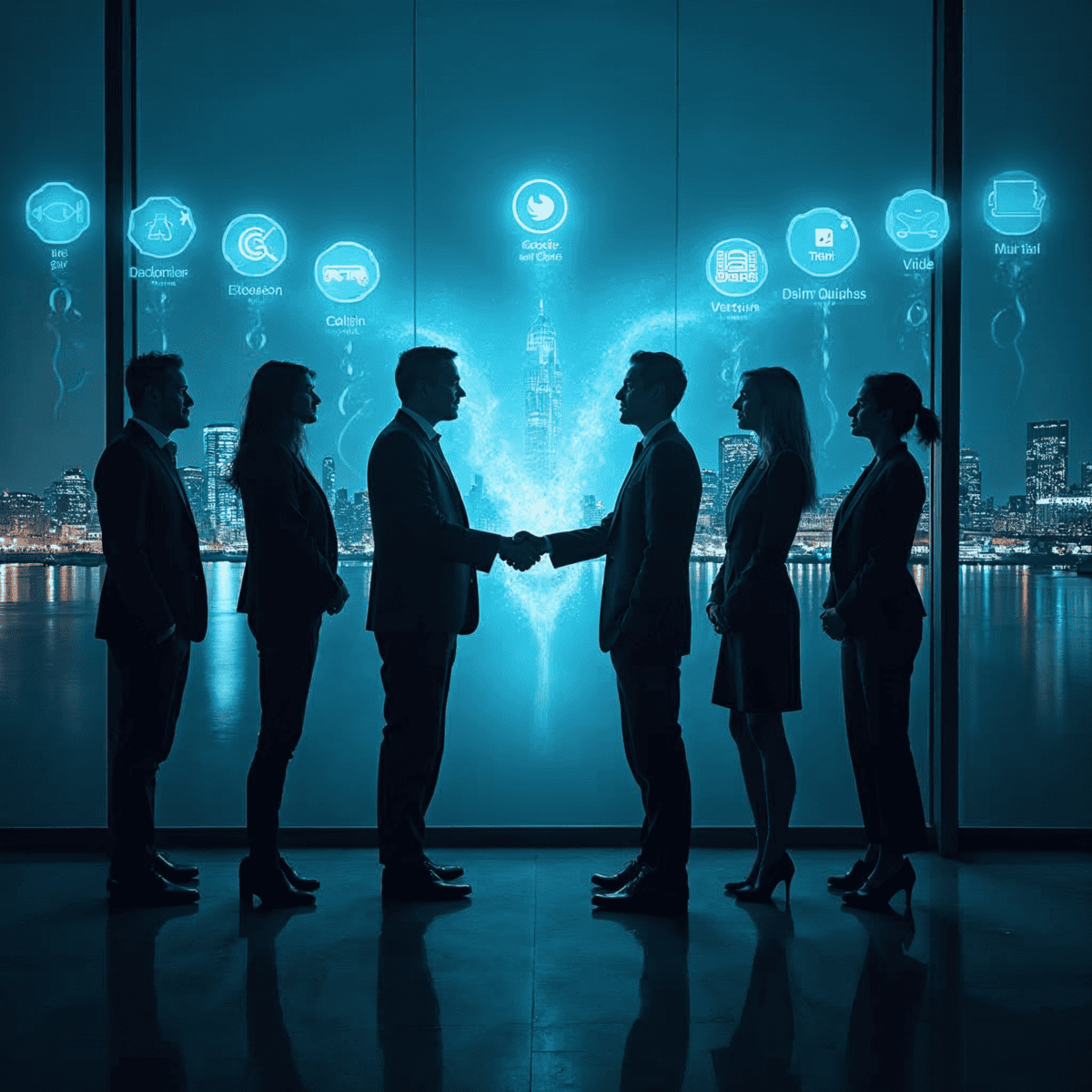 Business handshake, futuristic city skyline, digital interface.