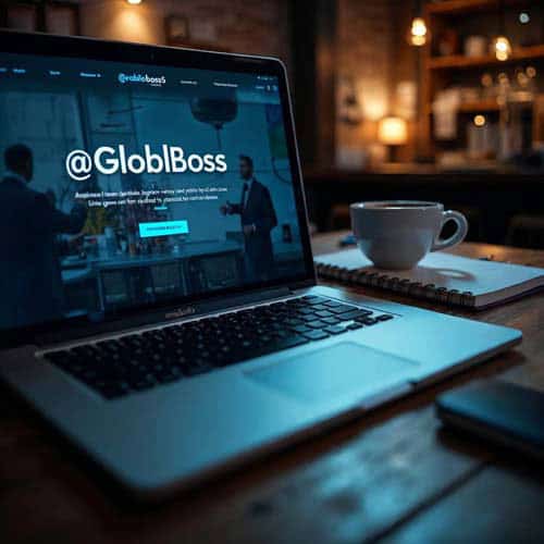 Laptop displaying '@GloblBoss' website, with coffee and notebook on table.