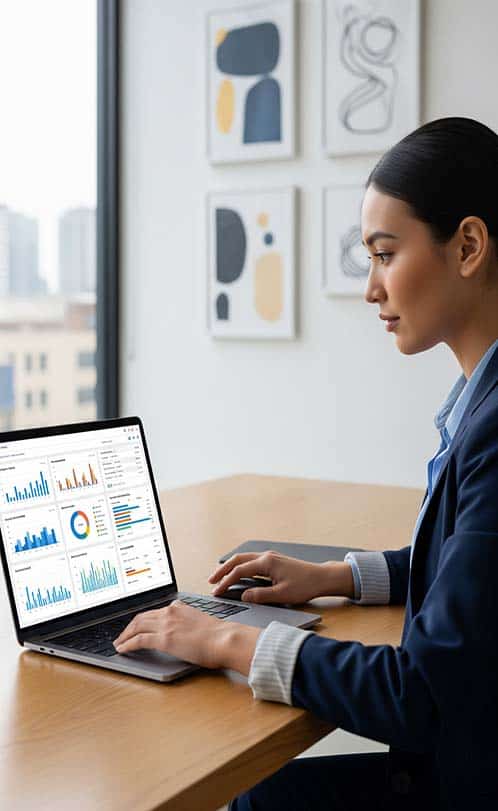 online marketing gb Woman analysing data on laptop in modern office setting.