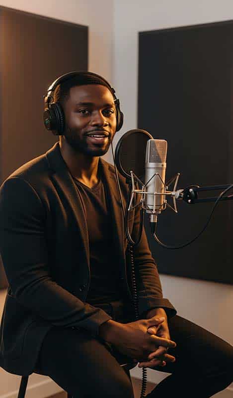podcast empire Smiling Black man with headphones and microphone in recording studio.