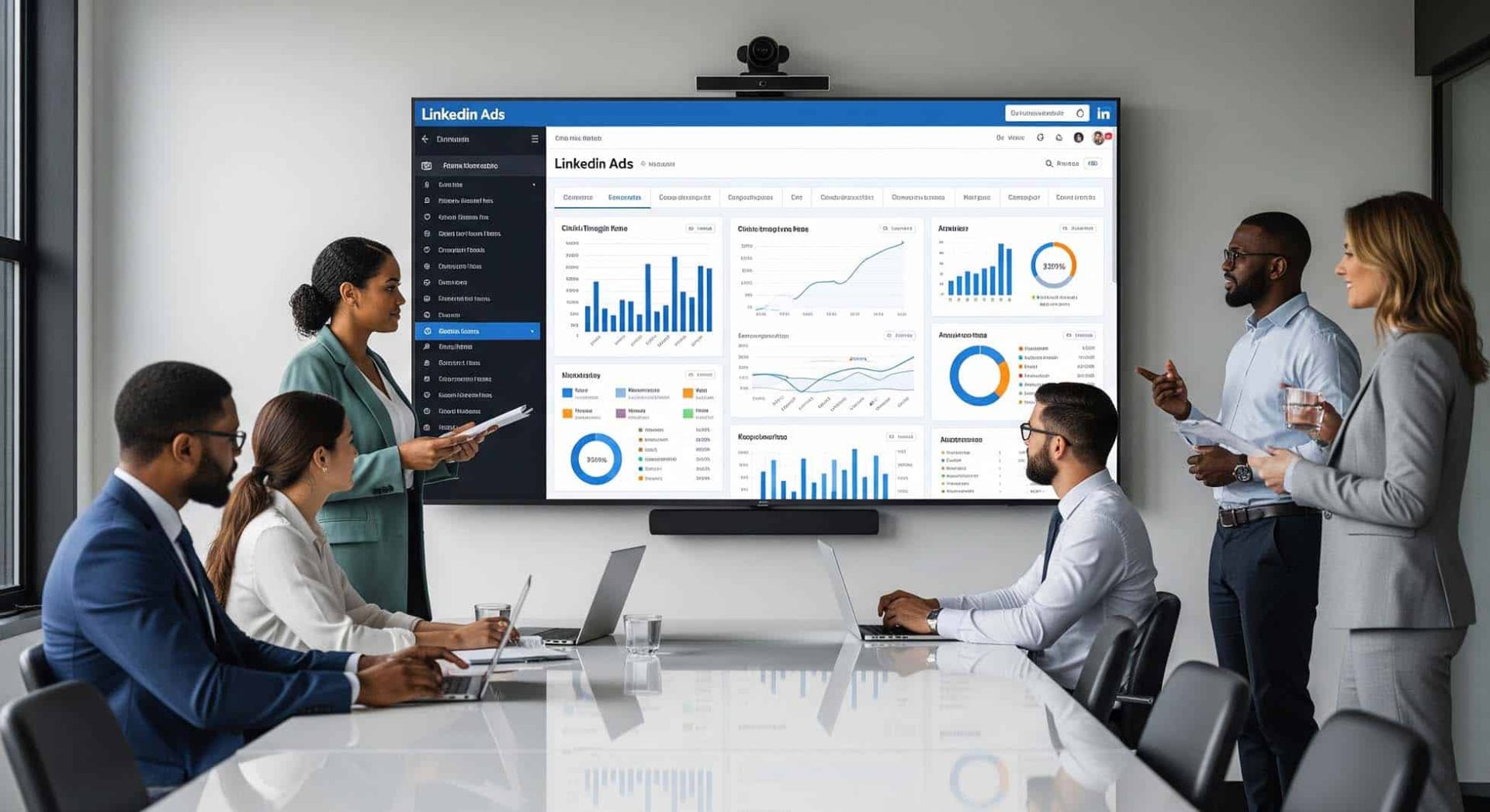 ready to turn linkedin scrollers into paying clients Group analysing LinkedIn Ads dashboard during a business meeting.