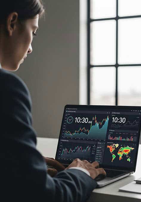 real time analytics Professional analysing financial data and world map on laptop.