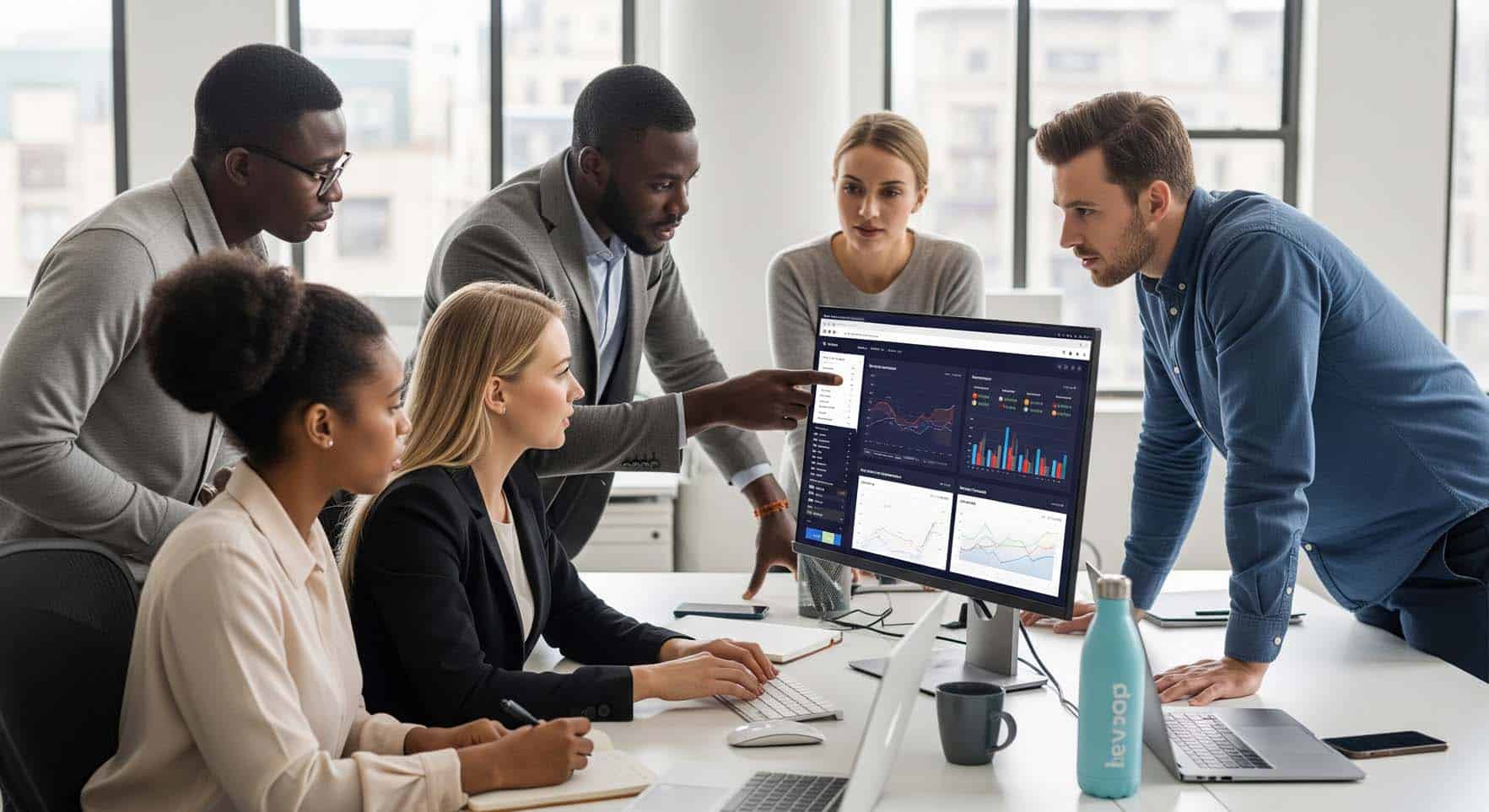 Team analysing data on computer in office meeting.