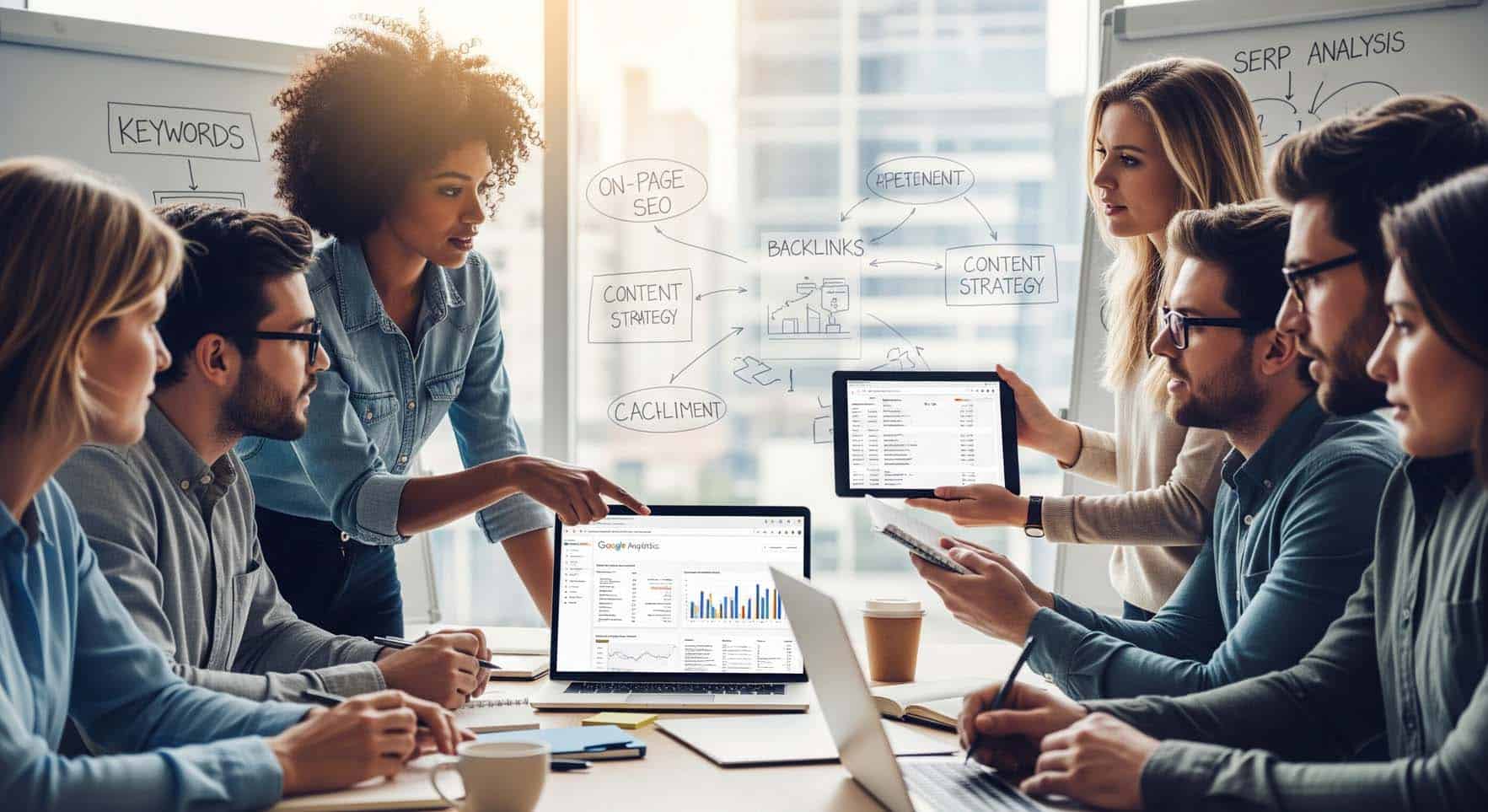 Team analysing SEO strategies using devices and whiteboard.