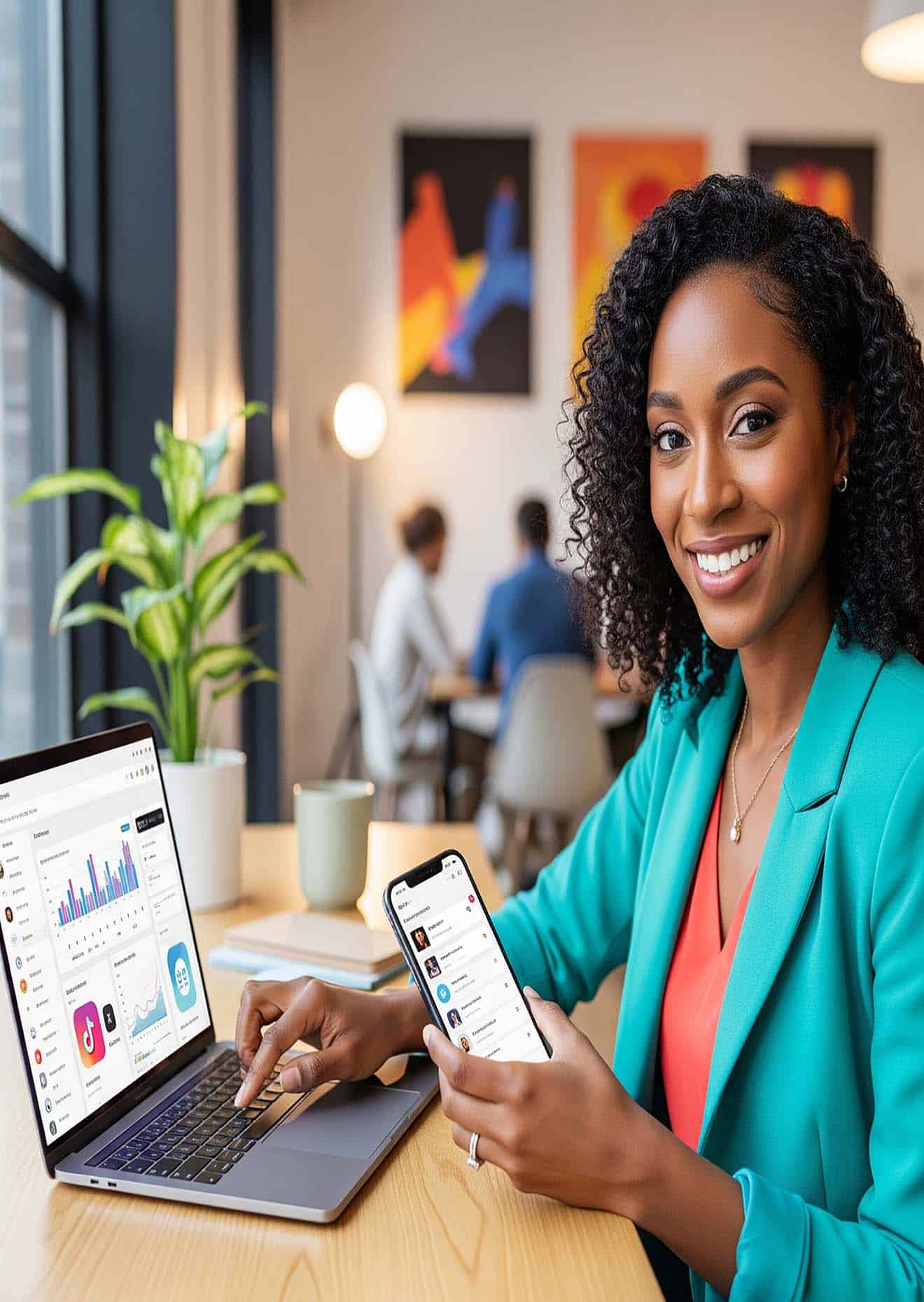 social media marketing dublin ie Smiling Black woman working on laptop and phone in office.