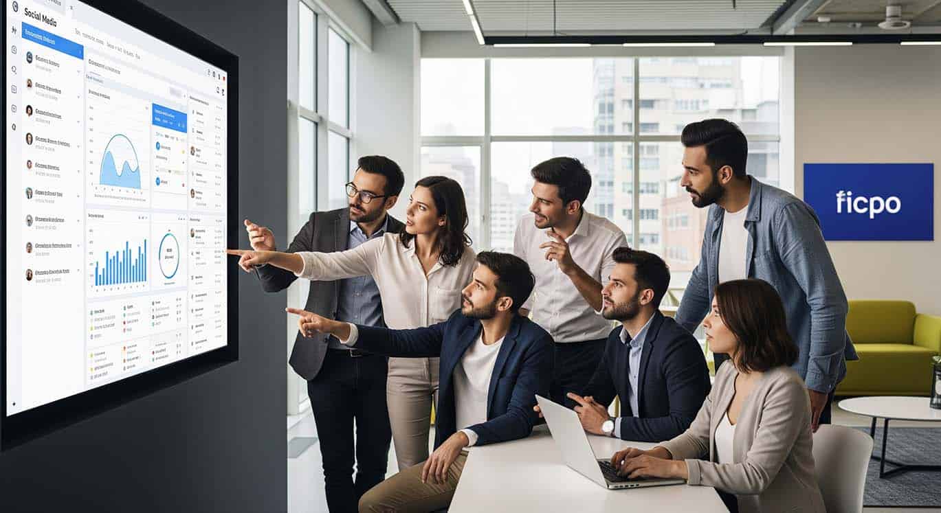 Professionals analysing social media data on large screen in office.