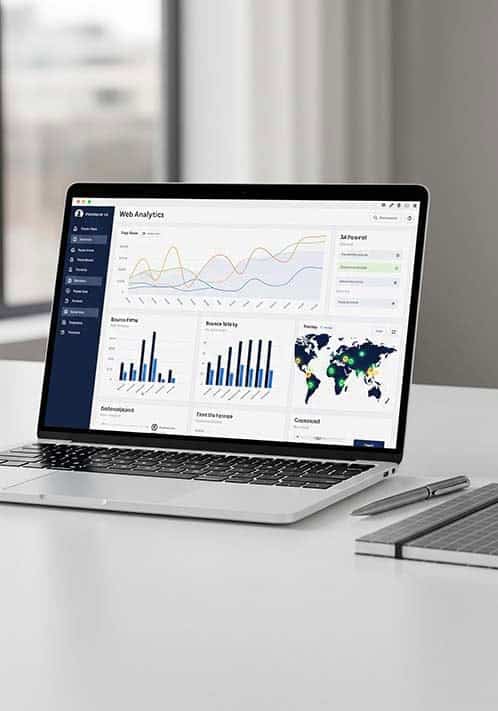 web analytics Laptop displaying a web analytics dashboard on a desk.